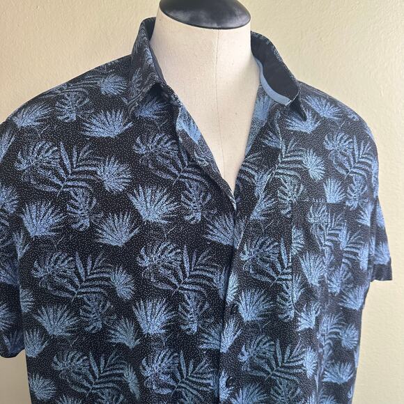 Nat Nast Men XL 70% Silk 30% Cotton Blend Button front Short sleeve Black Blue - Picture 5 of 11